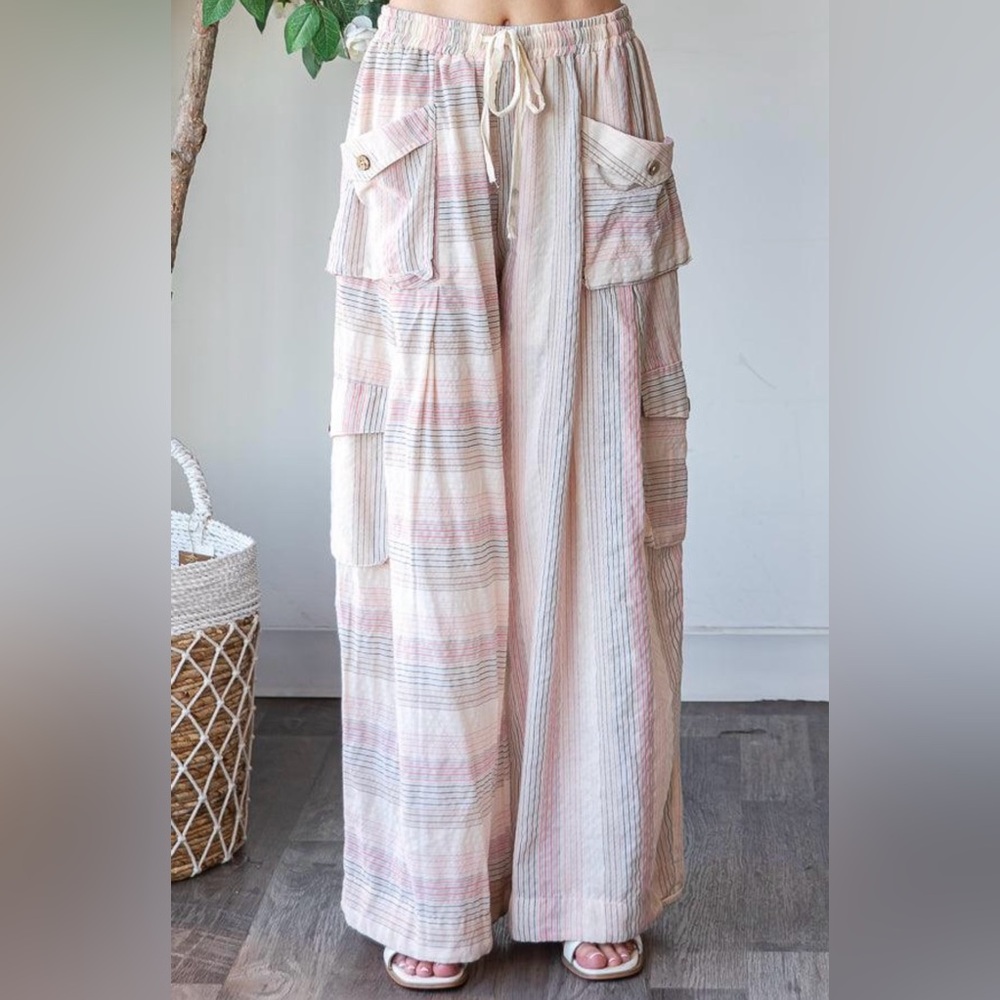 Oli & Hali Washed Narrow Striped Wide Leg Pants-pink
